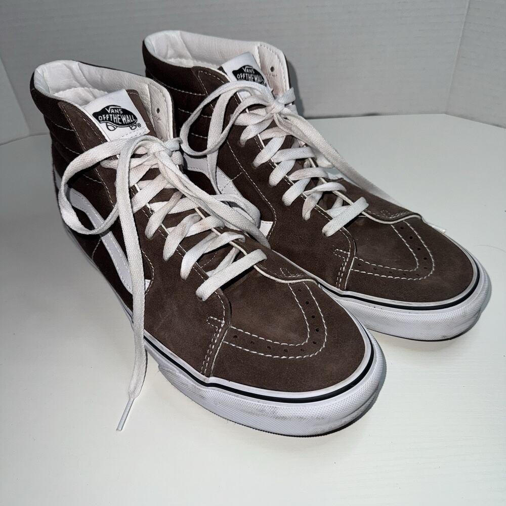 Vans Sk8-Hi Shoes Womens Size 10.5 Brown White Suede Canvas High Top Skate Sneak